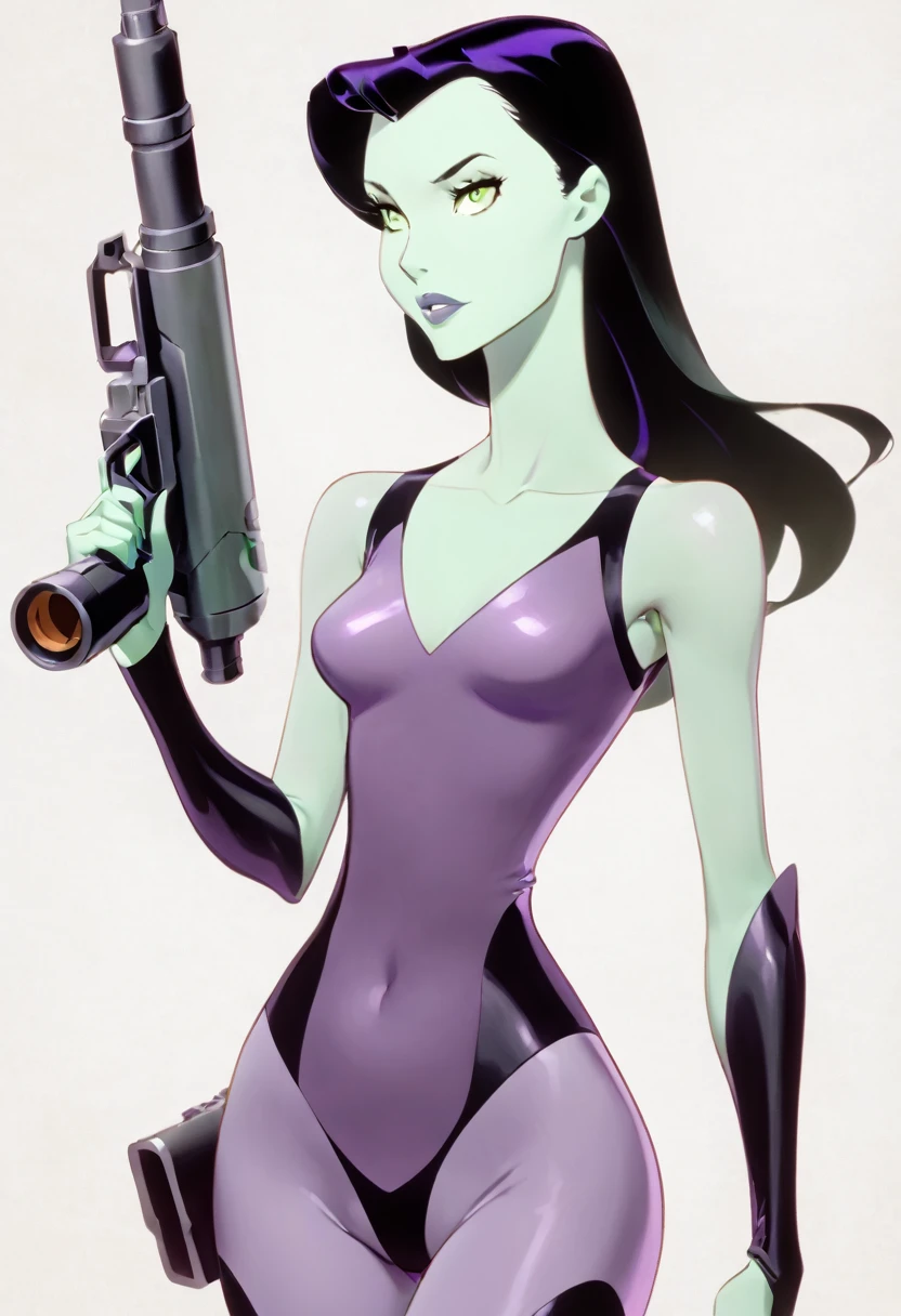 cartoon thin woman, long neck, long black hair, pale green skin, wearing a v-neck purple sci-fi body suit .. she is armed with an arm cannon, 
