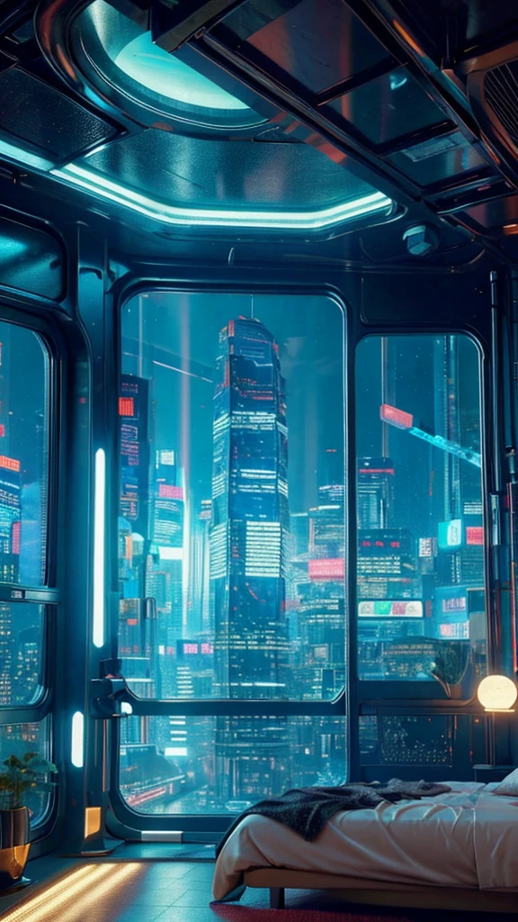 ((masterpiece)), (ultra-detailed), (intricate details), (high resolution CGI artwork 8k), Create an image of a retro futuristic cyberpunk bedroom. One of the walls should feature a big window with a busy, colorful, and detailed cyberpunk cityscape. Futuristic style with lots of colors and LED lights. The cityscape should be extremely detailed with depth of field. Utilize atmospheric lighting to create depth and evoke the feel of a busy futuristic city outside the window. Pay close attention to face details like intricate, hires eyes and bedroom accents. Camera: wide shot showing the room and the window. The window should be the focal point of the image. Lighting: use atmospheric and volumetric lighting to enhance the cityscape details. The room should be illuminated by the neon lights from the cityscape.