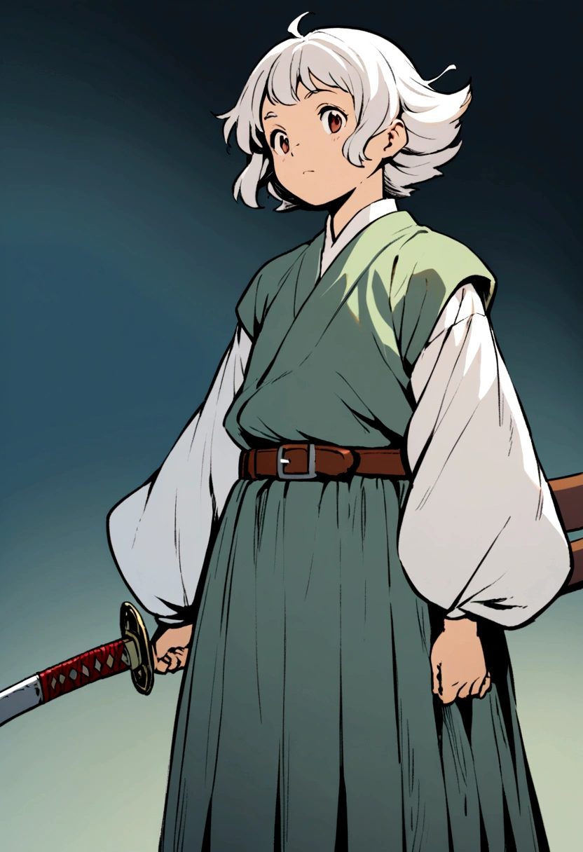 A Ghibli's studio character. With messy white hair and dark large clothes. Her belt is large and hold some katana