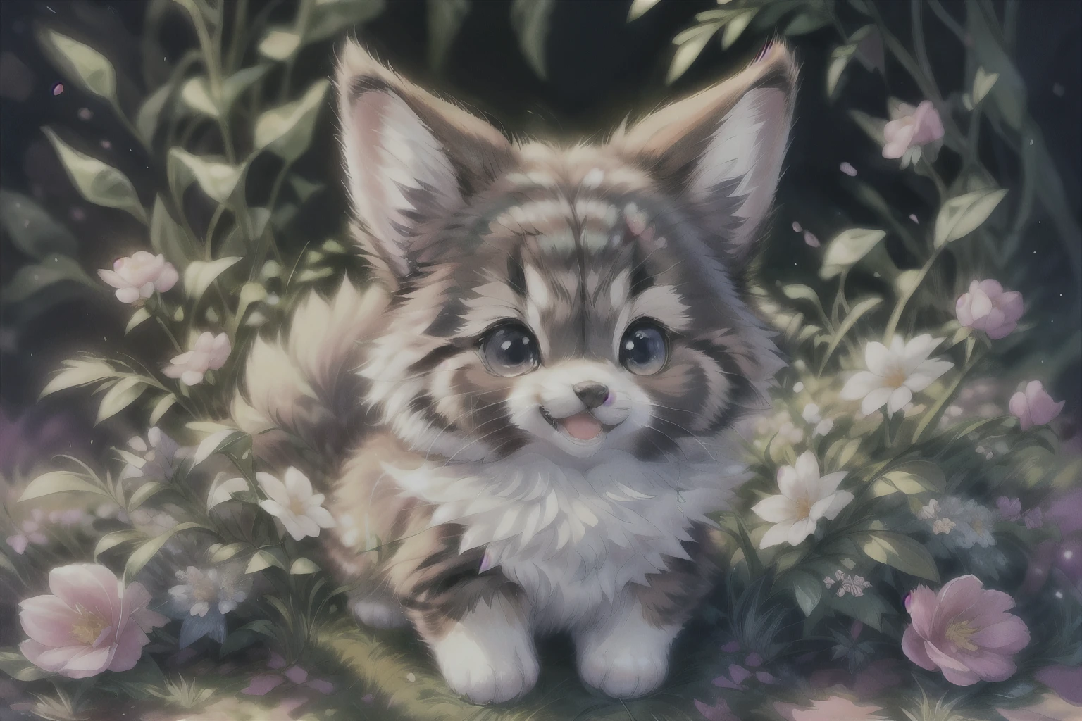 complex background, beautiful lighting, deep shadow, best quality, masterpiece, ultra highres, photorealistic, lots of small details, soft colors, volumetric lighting, scifi, contrast:0.5,
solo:1.4, (main_coon:1.2), (corgi:0.8), cute, animal, forest, grass, willow trees, flower petals, ultra fluffy, cutemaomao,