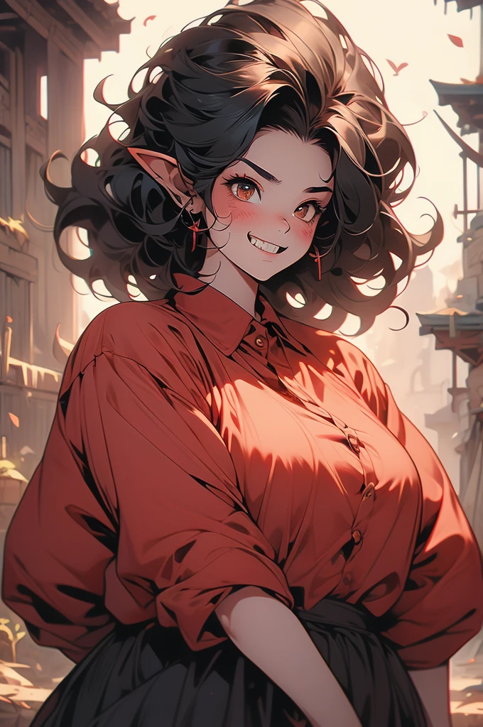 1girl, goblin girl, shortstack, plump, black hair, evil grin, sharp teeth, red skin