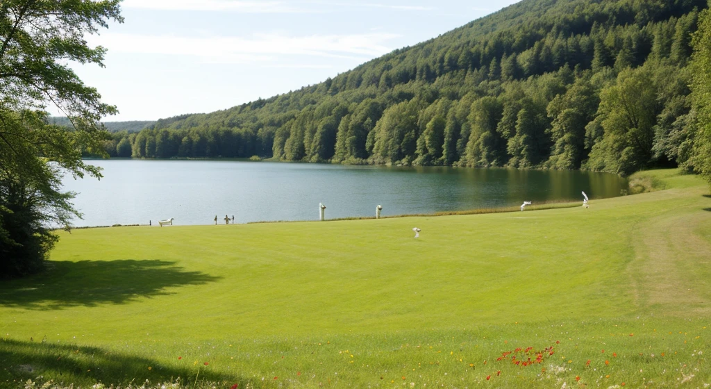 ((Best Quality)), forest/ cottagecore park next to a lake with swans and many flowers in ( horizontal image) that you can see more grass and the lake from afar THAT there are swans that there is more grass ahead, and BEHIND is the lake and swans, a little more grass ahead, very good, now I want swans on the lake, INCREDIBLE very good, now I want pretty flowers
