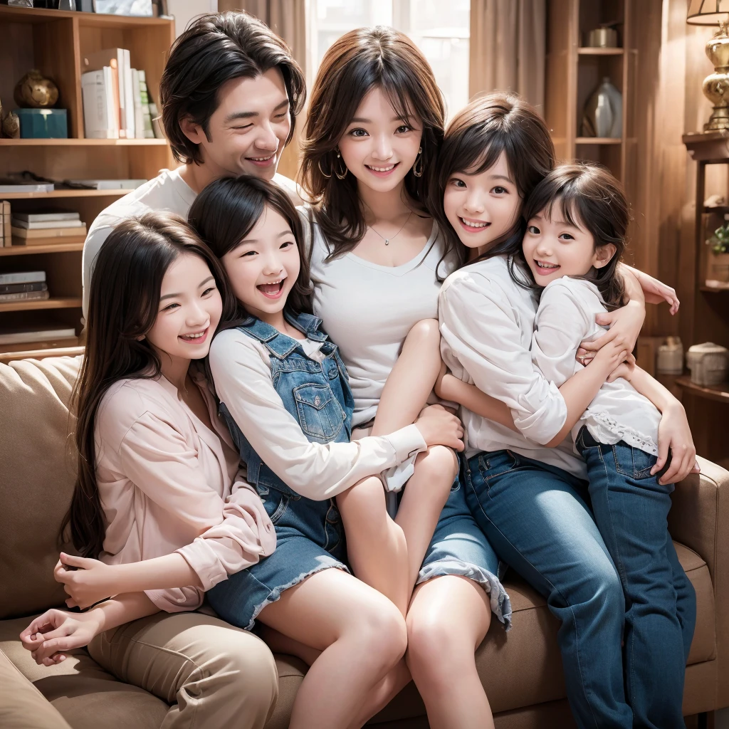 Four parents and children hugging each other and laughing on the sofa

(Full Shot)

"(setting)(Highest quality),(masterpiece),(detailed),(ultra detailed),(insanely detailed),(super high quality),(highly detailed),(Full HD)"