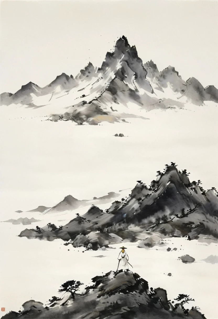 (Lots of white space:1.5)，(Lots of white space around:1.6), White background, simple, Minimalism, abstract,Freehand，Aesthetic，black and white，Ink Painting，antiquity，a mountain，A person far away