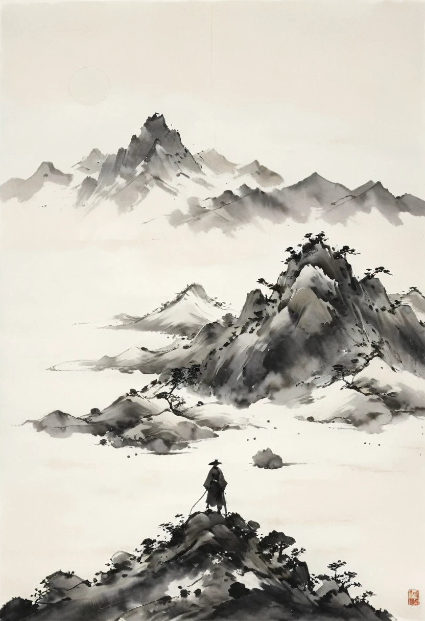 (Lots of white space:1.5)，(Lots of white space around:1.6), White background, simple, Minimalism, abstract,Freehand，Aesthetic，black and white，Ink Painting，antiquity，a mountain，A person far away