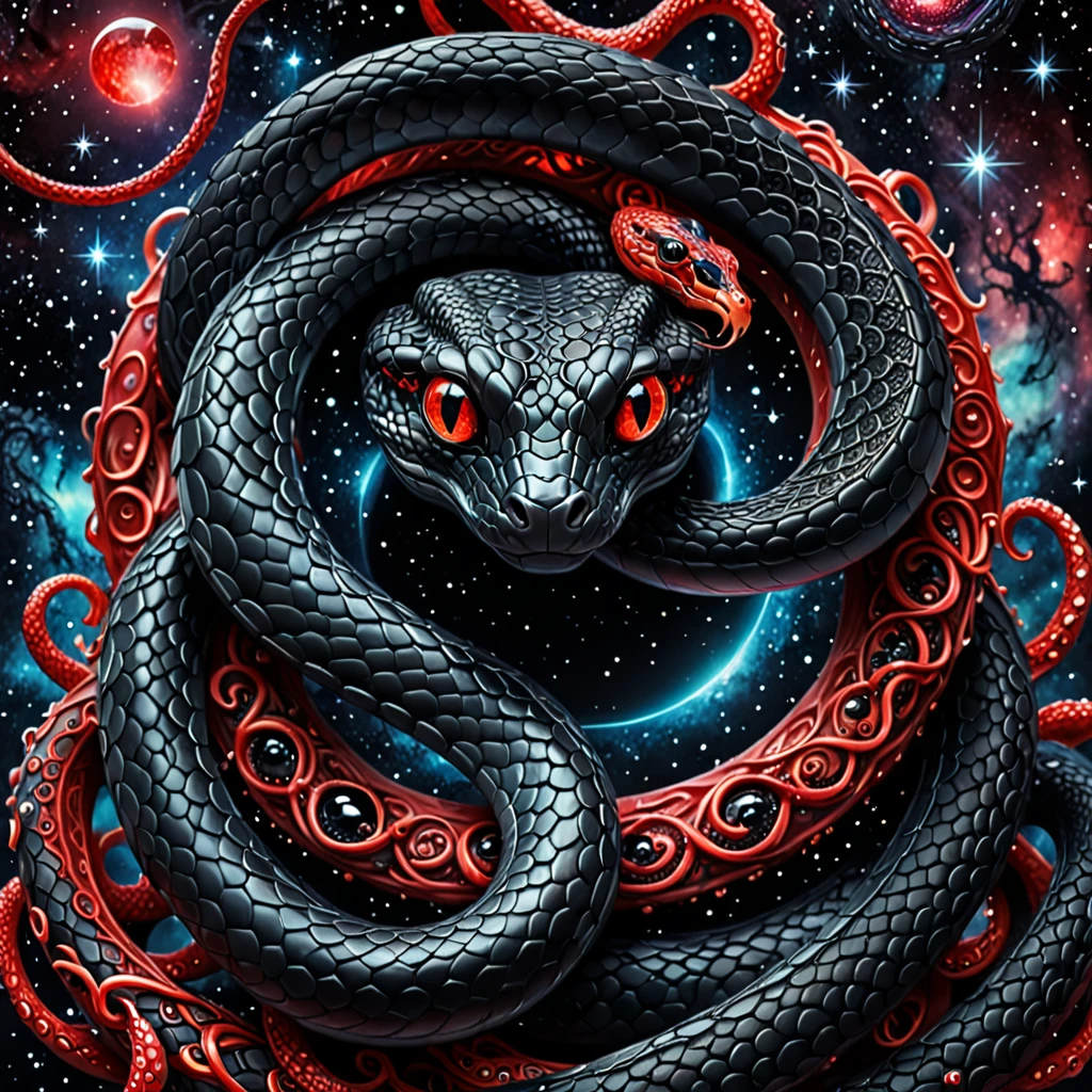 A high-resolution image red and black color. (1eyes-snake) intense and piercing, set against a backdrop of tentacles. The tentacles form intricate, complex patterns representing wisdom and the universe. Interspersed among the tentacles are black gems, their facets catching light and adding depth. The background is a cosmic scene with stars and nebulas, enhancing the theme of the universe. The lighting is soft, highlighting the red eyes and the gleaming black gems, creating a mystical and profound atmosphere.