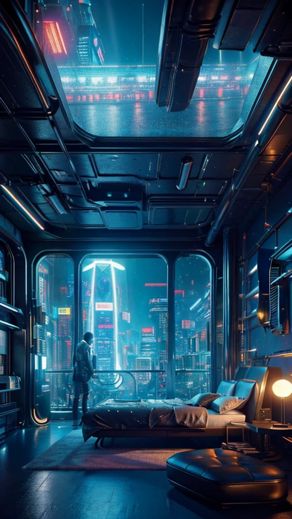 ((masterpiece)), (ultra-detailed), (intricate details), (high resolution CGI artwork 8k), Create an image of a retro futuristic cyberpunk bedroom. One of the walls should feature a big window with a busy, colorful, and detailed cyberpunk cityscape. Futuristic style with lots of colors and LED lights. The cityscape should be extremely detailed with depth of field. Utilize atmospheric lighting to create depth and evoke the feel of a busy futuristic city outside the window. Pay close attention to face details like intricate, hires eyes and bedroom accents. Camera: wide shot showing the room and the window. The window should be the focal point of the image. Lighting: use atmospheric and volumetric lighting to enhance the cityscape details. The room should be illuminated by the neon lights from the cityscape.