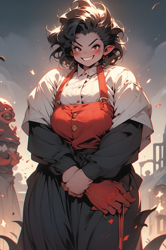 1girl, goblin girl, shortstack, plump, black hair, evil grin, sharp teeth, red skin
