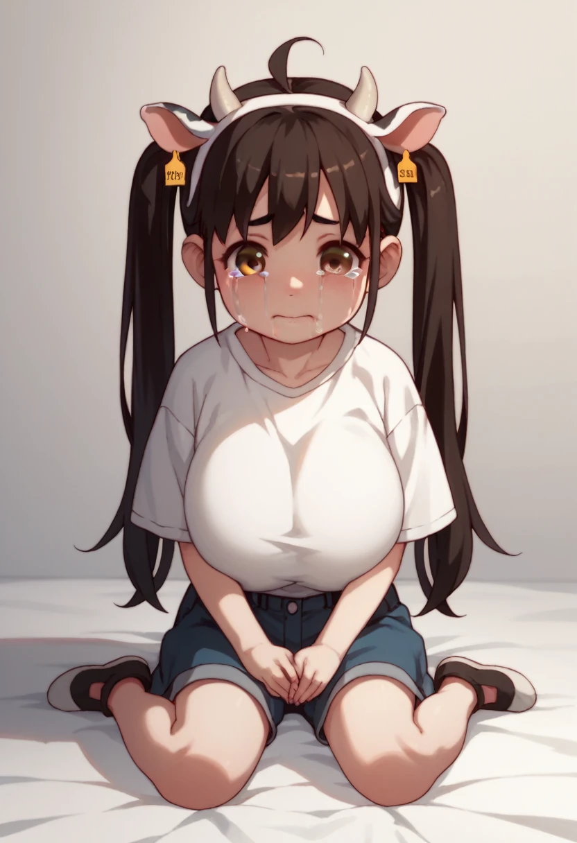 a young girl (brown,pigtails,child), sitting in daycare, crying as her cute clothes rip because of her gigantic round breast, cow horns on head