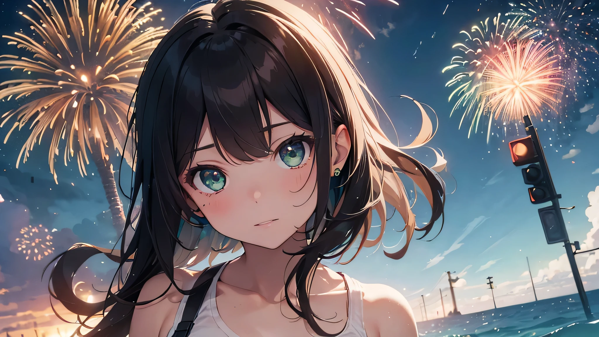 Highest quality,Ultra-high resolution,One woman,alone,whole body,summer, Black shortcuts,Green Eyes,Emotional,Headphones,Fireworks are set off