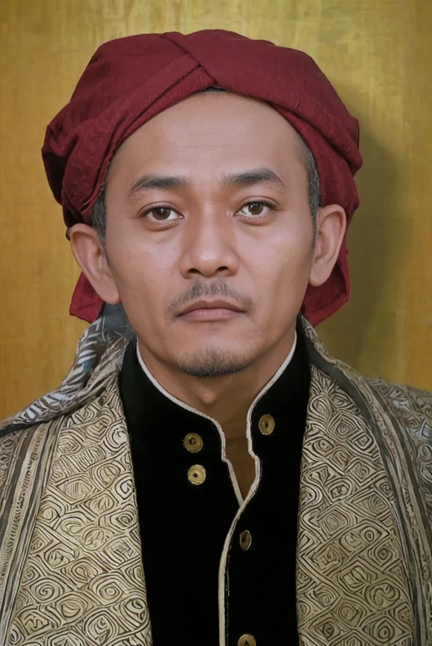 Indonesian Muslim man, brown skin aged 40 years or over, wearing a shabby cloth robe, white wan cloth turban. Hd realistic photos