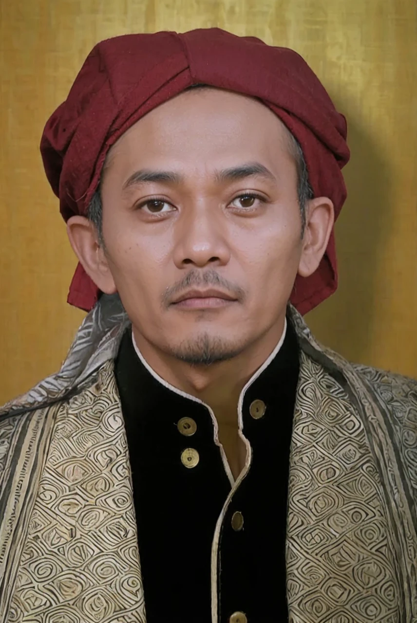 Indonesian Muslim man, brown skin aged 40 years or over, wearing a shabby cloth robe, white wan cloth turban. Hd realistic photos