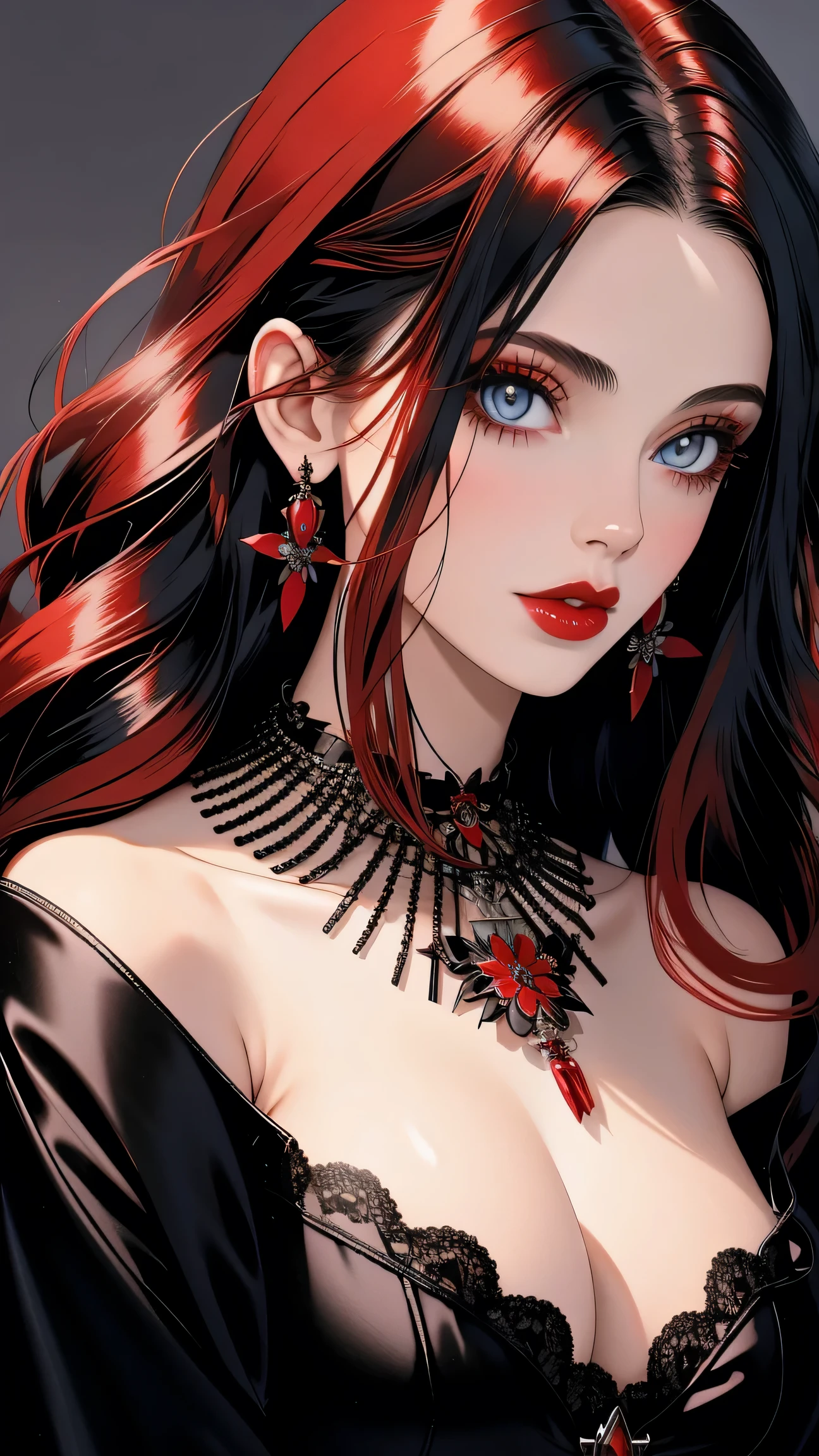 (1 milf goth girl), Red hair, One, necklace, long hair, (Blue eyes), petals, Red lips, hair ornament, flower, black flower, pearl necklace, portrait, pomade, draw up, grey eyes, , Dark, shiny skin,(split), ((big breasts)),Caberuel,(mature woman:1.16), sexual, Tempt,