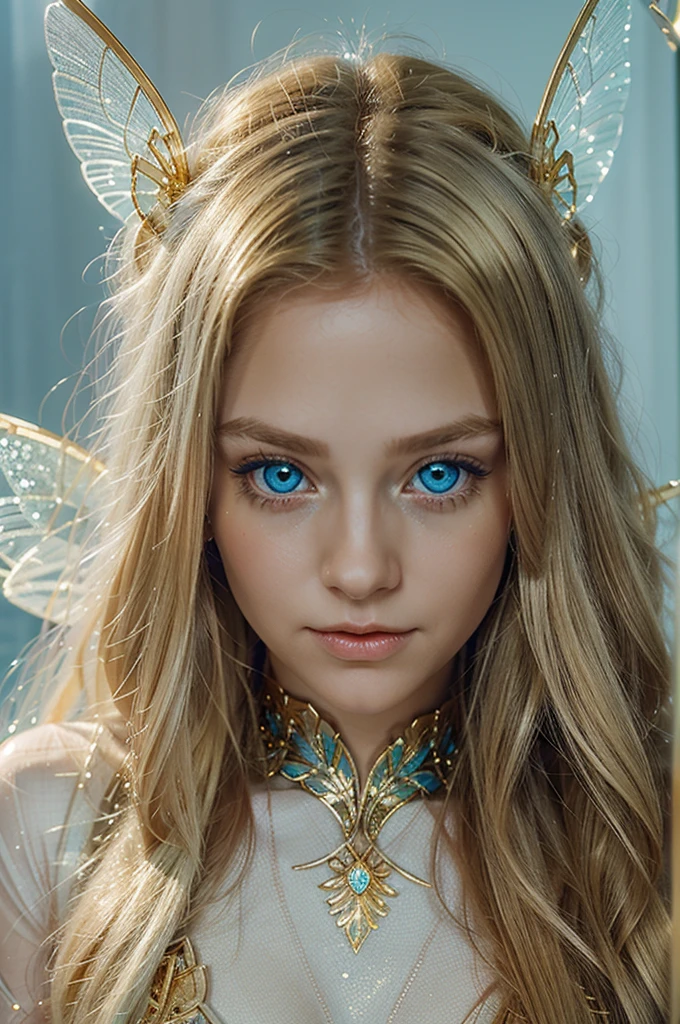 a fairy with transparent wings, with long golden hair and large light blue eyes, she has numerous sparkles in her eyes. She had golden hair, bright eyes and transparent wings that sparkled like diamonds.