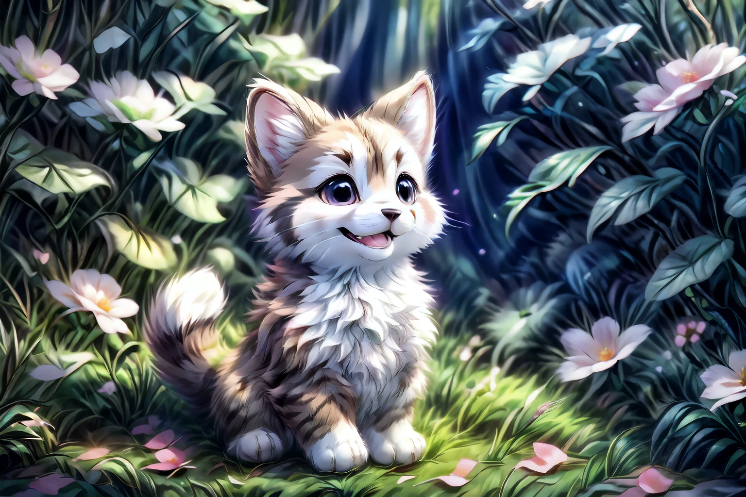 complex background, beautiful lighting, deep shadow, best quality, masterpiece, ultra highres, photorealistic, lots of small details, soft colors, volumetric lighting, scifi, contrast:0.5, solo:1.4, (main_coon:1.2), (corgi:0.8), cute, animal, forest, grass, willow trees, flower petals, ultra fluffy, cutemaomao,
