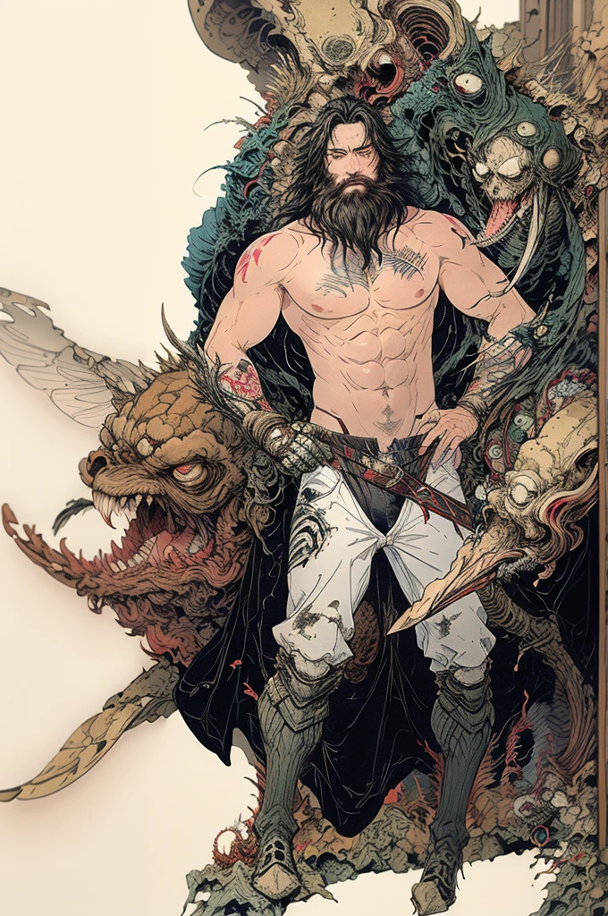 best quality,masterpiece,Ultra-high resolution,1 person,looking at the audience,one,Yamamoto Takashi style,Countless insects and beasts surrounded him,Religious feeling,
simple background,White_background,Machinery Division,Exoskeleton,Cold-blooded adult bearded man,toughboy style, Shirtless,trousers, muscle, tattoo