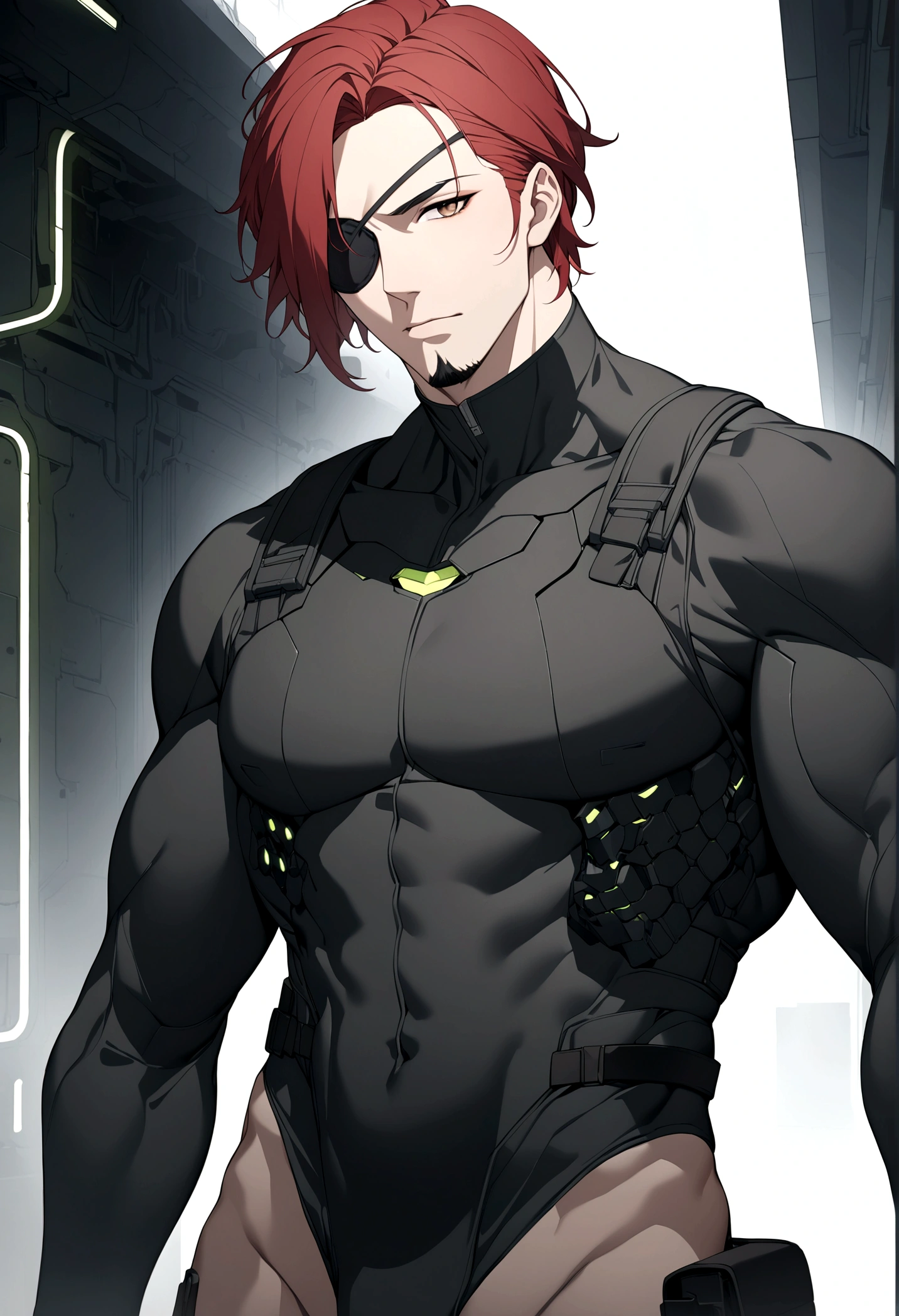 (masterpiece, 32k, 8k, cgi) man, 34 years old, red hair, brown eyes, eye patch over one eye, cyberpunk hair, black Swat uniform, black goatee, face with masculine features, thin body, image without bottom