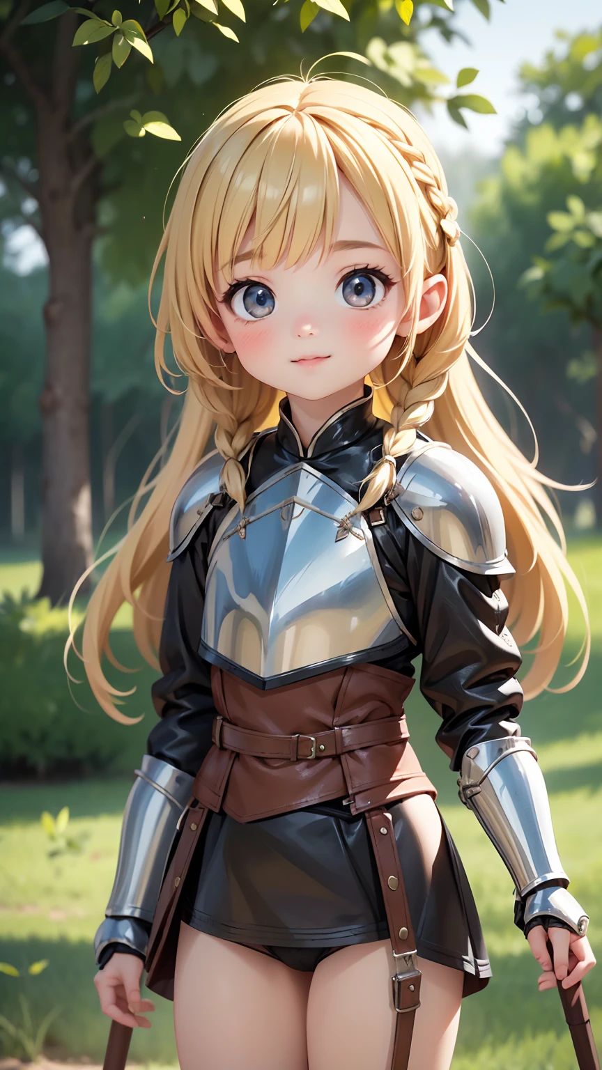 Ultra Realistic Girl，8--old,ry short stature，Long blonde hair with braided bangs，Medieval knight armor，Long Spear，Flat Chest , Leather panties，Garter belt long sockenacing face，sexy，Dungeons ，