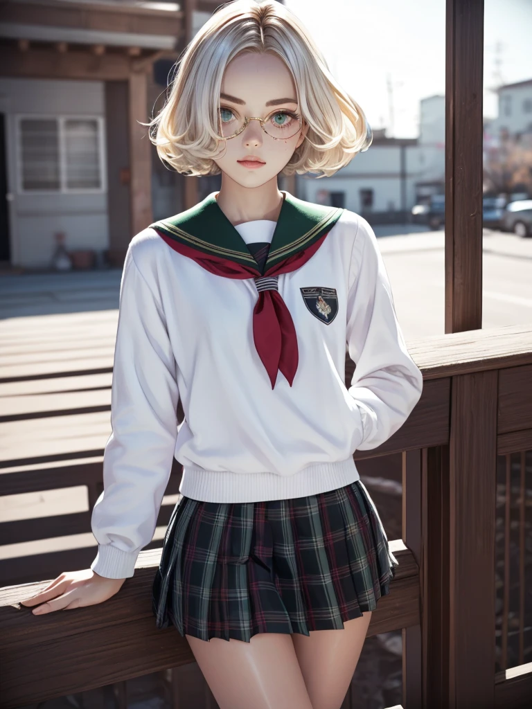 1girl, elegant bearing, small, slender build, short height, narrow shoulders, pale skin dotted by freckles, short platinum blonde hair, (((choppy hair))), (((boyish hair))), (dark green eyes), silver glasses, cute facial features with an underlying elegance, thin lips, small breasts,  old female, RAW photo, ((slim body: 1)), (HQ skin: 1.4), 8k uhd, dslr, soft light, high quality, ((school uniform, white clothes, gold accents, (looking at viewer:1.4)