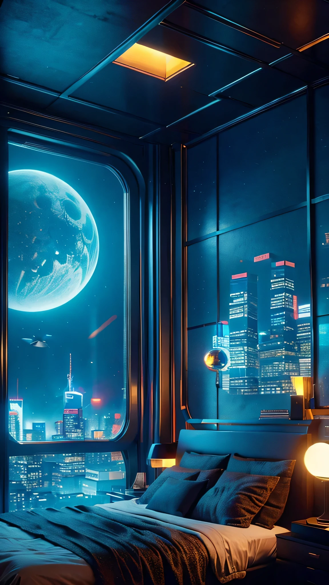 ((masterpiece)), (ultra-detailed), (intricate details), (high resolution CGI artwork 8k), Create an image of a retro futuristic cyberpunk bedroom. One of the walls should feature a big window with a busy, colorful, and detailed cyberpunk cityscape. Futuristic style with lots of colors and LED lights. The cityscape should be extremely detailed with depth of field. Utilize atmospheric lighting to create depth and evoke the feel of a busy futuristic city outside the window. Pay close attention to face details like intricate, hires eyes and bedroom accents. Camera: wide shot showing the room and the window. The window should be the focal point of the image. Lighting: use atmospheric and volumetric lighting to enhance the cityscape details. The room should be illuminated by the neon lights from the cityscape.