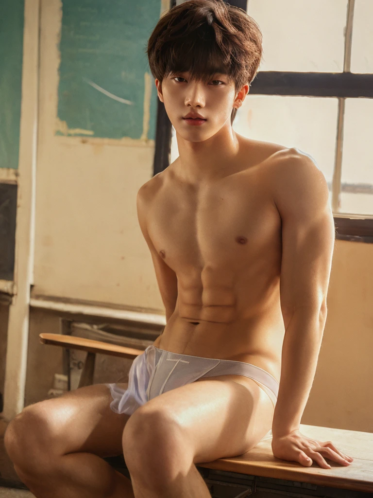 full body, 1 person, 18 year old, muscular man, korean, topless, wearing white jockstrap, sexy, soft light, Masterpiece, best quality, photo realistic, sit, classroom.