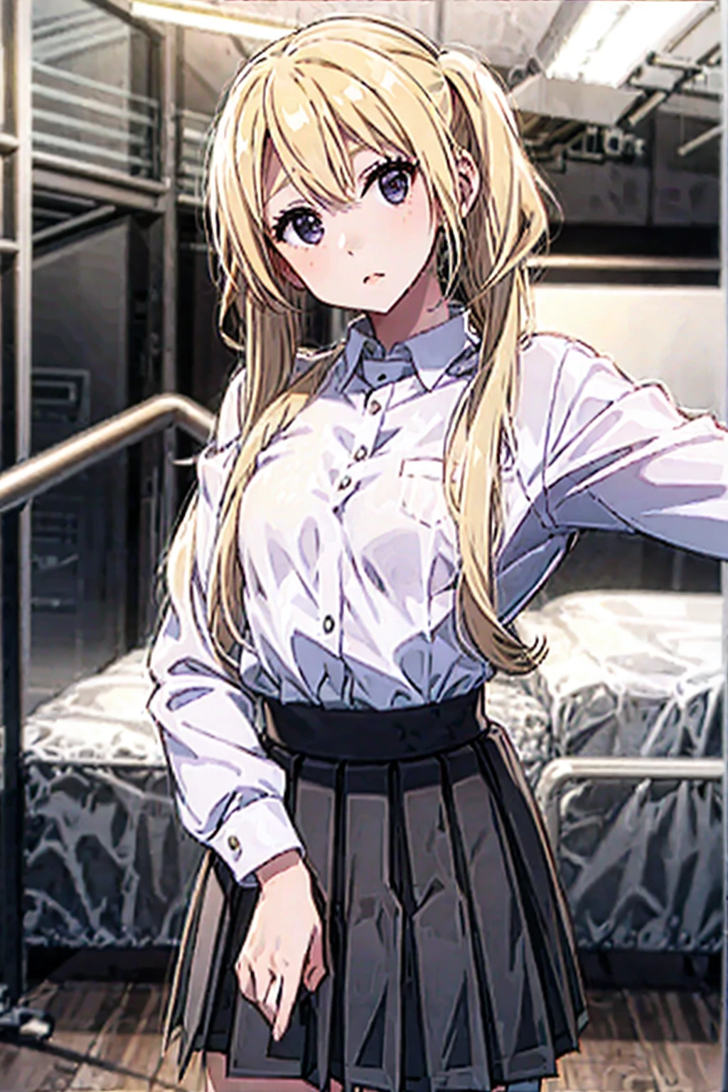 1girl,looking at viewer,school background,,small breasts,blonde,twintails,head tilt,high waist pleated skirt,