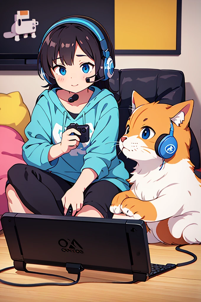 cute pets with a controller and headset playing on a console