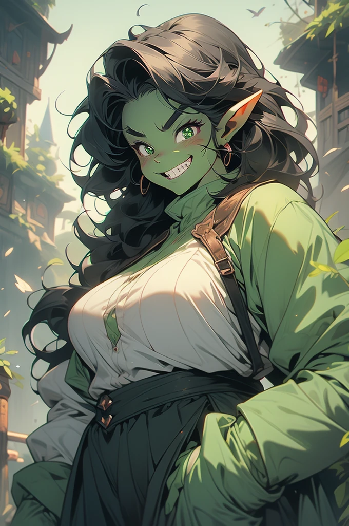 1girl, goblin girl, shortstack, plump, black hair, evil grin, sharp teeth, green skin