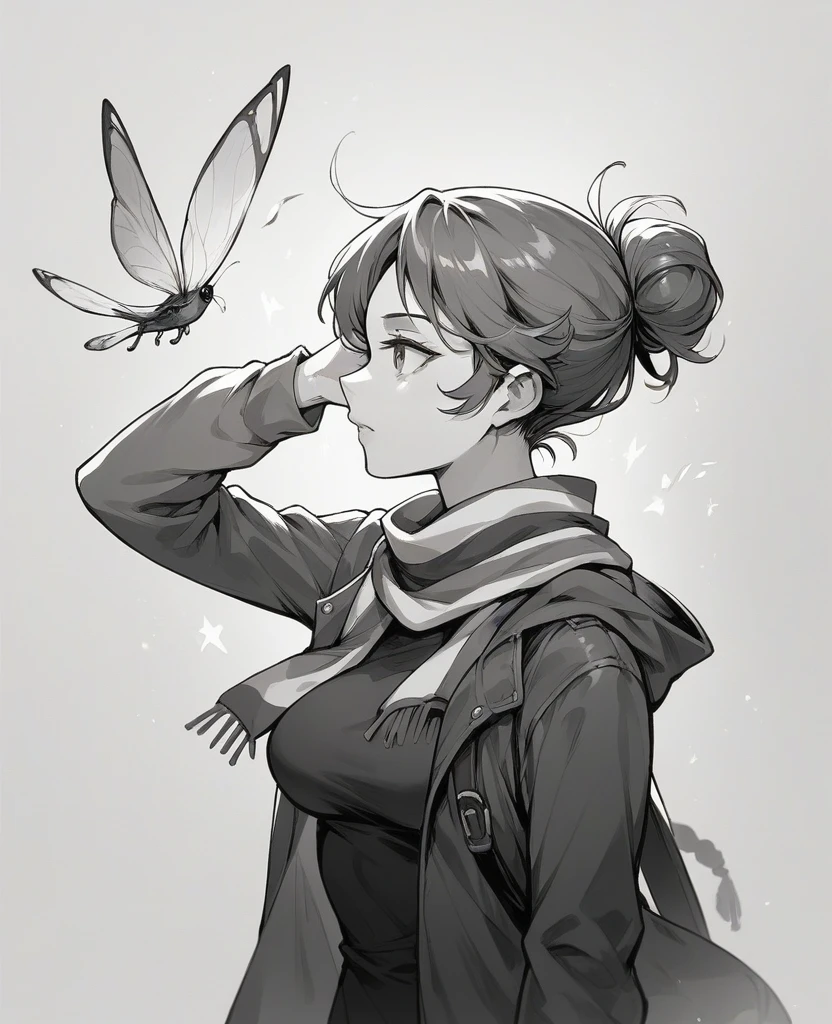 Russian girl, wearing warm clothes and a black and white striped scarf, fly away, listening to head set music, breasts big.