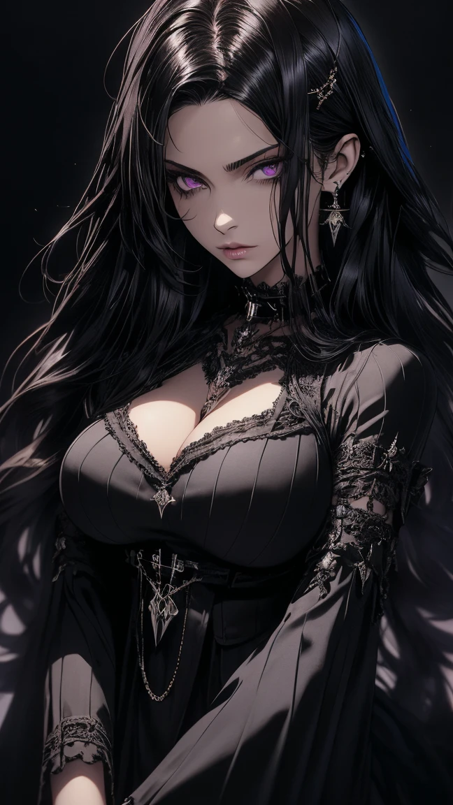  sexy clothes, character portrait, 3 9 9 0 s, long hair, difficult, elegant, very detailed, digital painting, ArtStation, conceptual art, smooth, sharp focus, illustration,((massive perfect breasts)),,, split,,,,,, dark purple eyes, black hair, gothic makeup, dark colors, high contrast, Gloomy atmosphere, very detailed skin texture, extreme details 