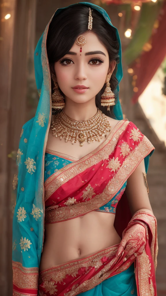 Girl ava adams with blue sari Indian wedding background