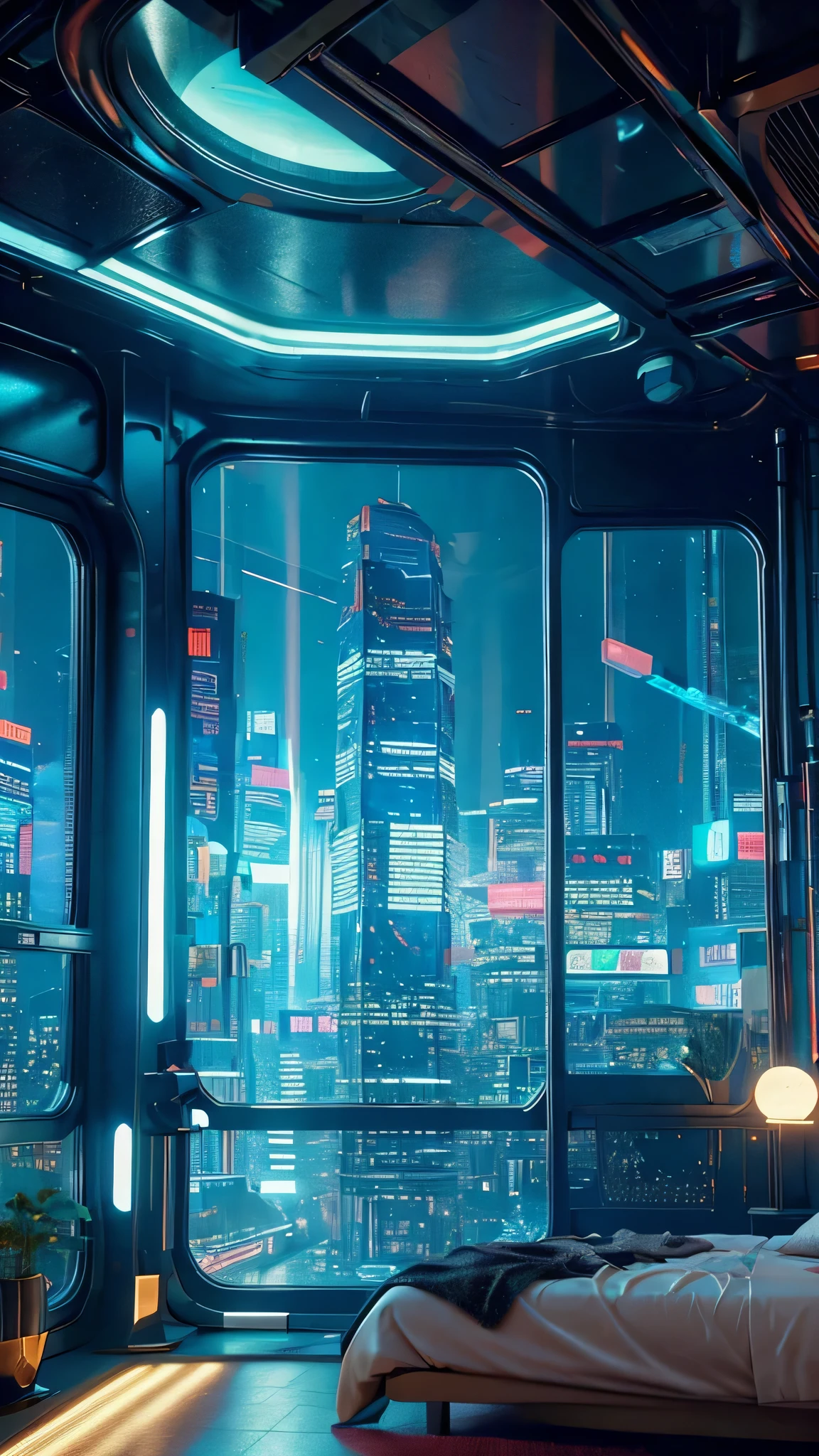 ((masterpiece)), (ultra-detailed), (intricate details), (high resolution CGI artwork 8k), Create an image of a retro futuristic cyberpunk bedroom. One of the walls should feature a big window with a busy, colorful, and detailed cyberpunk cityscape. Futuristic style with lots of colors and LED lights. The cityscape should be extremely detailed with depth of field. Utilize atmospheric lighting to create depth and evoke the feel of a busy futuristic city outside the window. Pay close attention to face details like intricate, hires eyes and bedroom accents. Camera: wide shot showing the room and the window. The window should be the focal point of the image. Lighting: use atmospheric and volumetric lighting to enhance the cityscape details. The room should be illuminated by the neon lights from the cityscape.