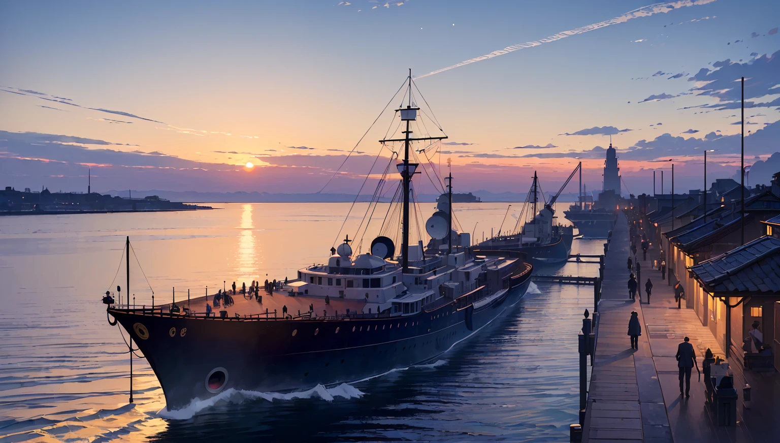 (masterpiece:1.5), (best quality:1.5), (extremely detailed:1.5), port, (sailing port), (industrial era:1.5), (people on line:1.5), line on dock, old dock, ((people waiting on dock)), water, sunet, sunset color, dark blue water, (view on sea), sunset color, sunset, stone port, large sea, (sea at horizon), sea, (no boat or ship on the dock)