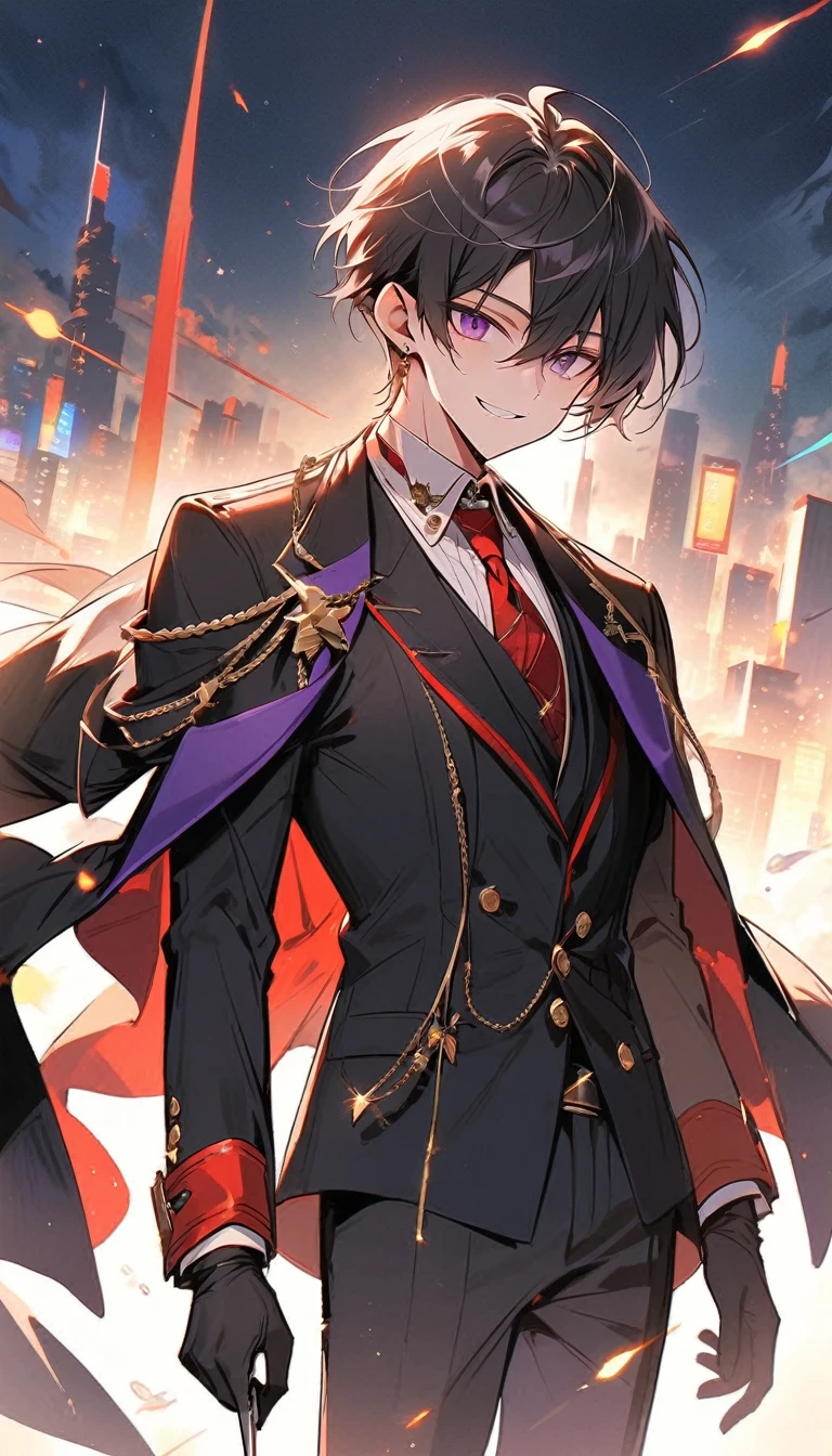 good looking, alone, 1 male, short hair, Smile Facial,1. Boy with black and purple hair, Moderate height, Slim body, Long coat, Black lining,good looking, short hair, Black Hair, Rainbow Hair, Purple eyes, 先端がスモーキーグレーのBlack Hair, smoking, Black light,smile、, Bright, sharp eyes illuminate the scene,uniform,Fewer accessories,whole body,Background white,(masterpiece, Highest quality), Yishang_edge, Default_Costume, One boy, alone, Red tie, Black jacket, Black vest, Jacket on shoulders, White shirt, Collared shirt, Black trousers, View your viewers, city, night, knife,紫色に光るknife身