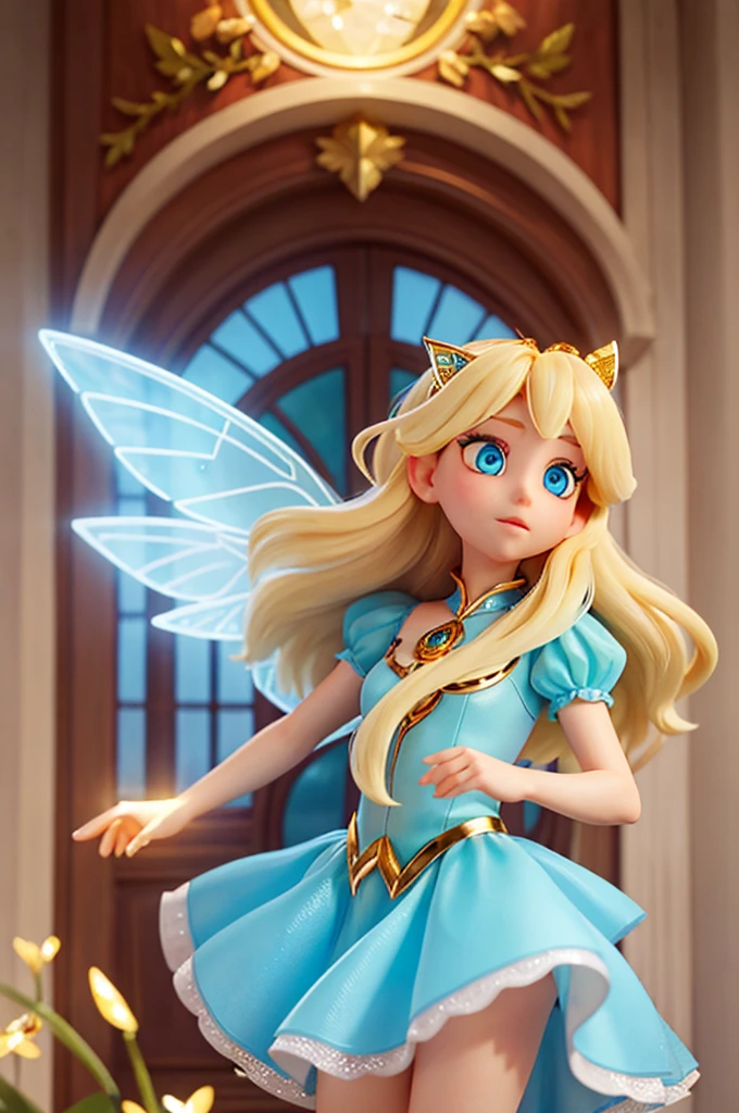 a fairy with transparent wings, with long golden hair and large light blue eyes, she has numerous sparkles in her eyes. She had golden hair, bright eyes and transparent wings that sparkled like diamonds.