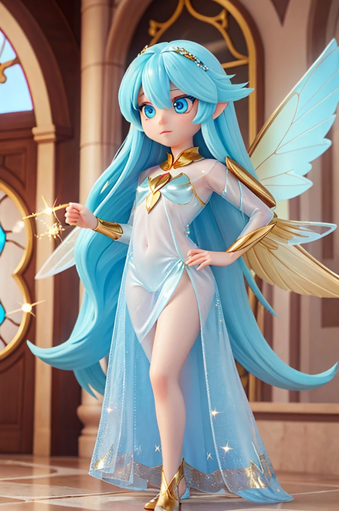 a fairy with transparent wings, with long golden hair and large light blue eyes, she has numerous sparkles in her eyes. She had golden hair, bright eyes and transparent wings that sparkled like diamonds.