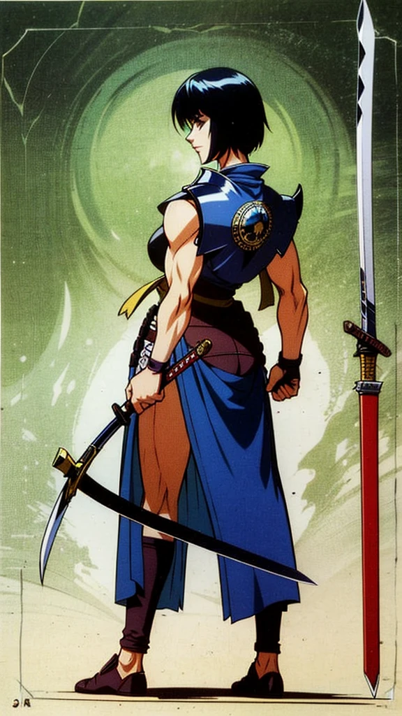 Regenerate the character from the image I uploaded but this time with dark blue smaurai armor and a spear instead of a sword