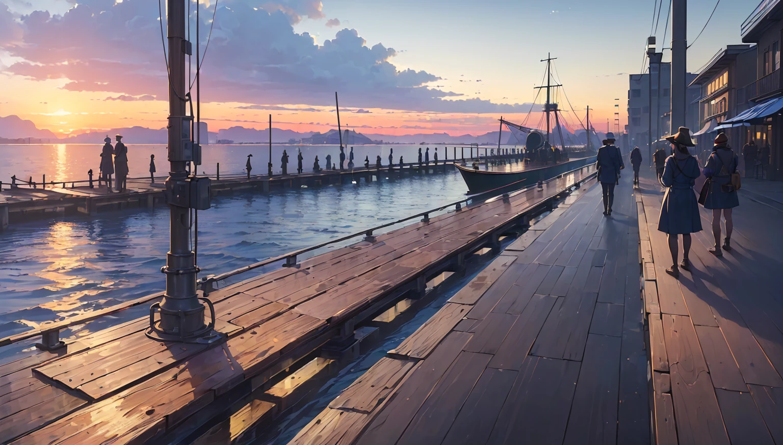 (masterpiece:1.5), (best quality:1.5), (extremely detailed:1.5), port, (sailing port), (industrial era:1.5), (people on line:1.5), line on dock, old dock, ((people waiting on dock)), water, sunet, sunset color, dark blue water, (view on sea), sunset color, sunset, stone port, large sea, (sea at horizon), sea, (no boat or ship on the dock)