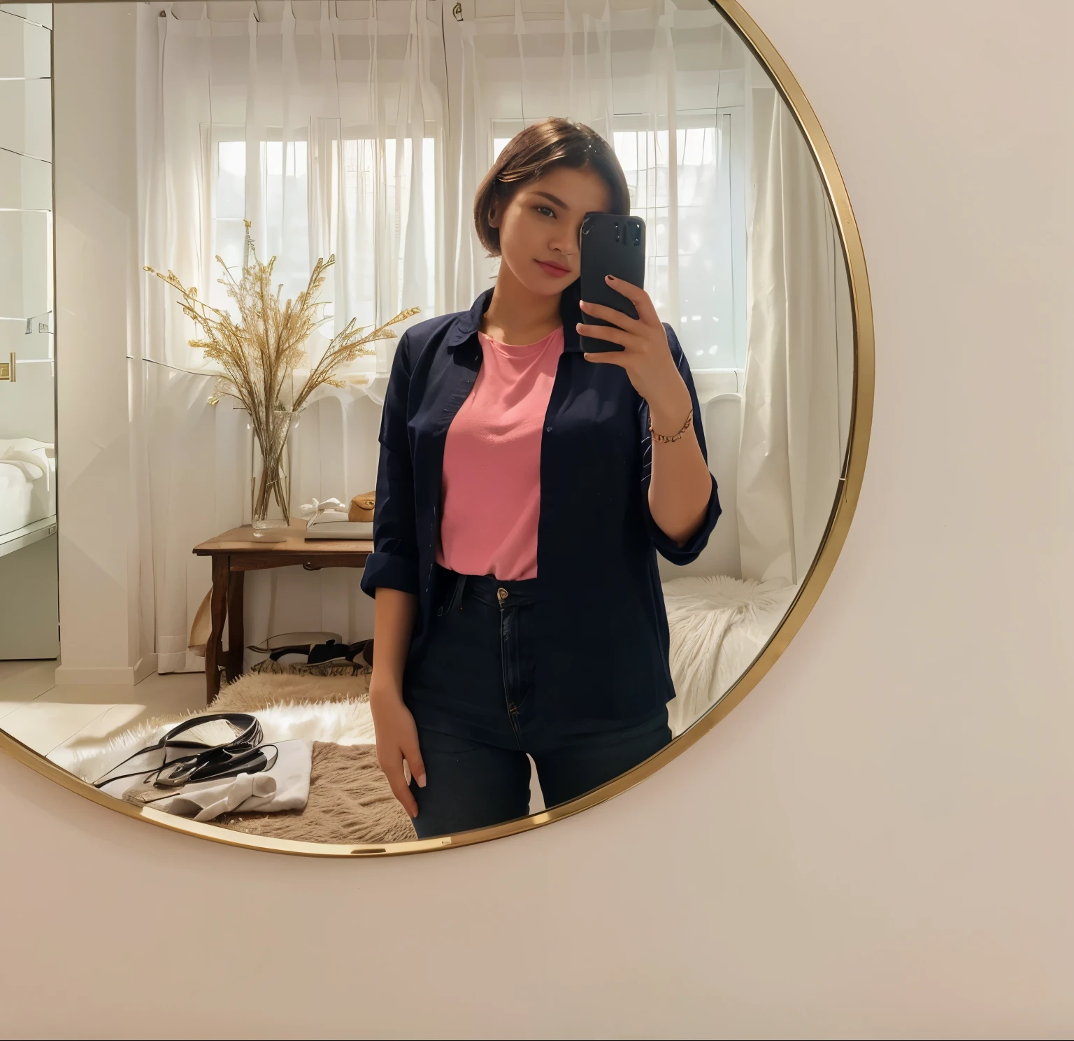 woman taking selfie in front of mirror, cloth photo, I'm standing in front of the mirror, casual business cloth, cloth: police officer, wearing black camisole cloth, business cloth, selfie mirror, wear a dark shirt and jeans, wear smart casual clothes, Full body in the frame, cloth photograph, Round mirror on the wall, wearing acne cloth