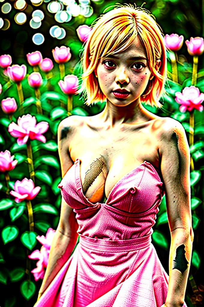 8k, RAW photo, Fujifilm, analog style photo of a beautiful young woman as avril with (huge breasts) in a light pink rose garden (highly detailed skin:1.2) Style-Petal BREAK
short hair, blonde hair with color streaks, blunt bangs, wearing a dress, film grain, 35mm, cute-style, cowboy shot she have a black skin in run