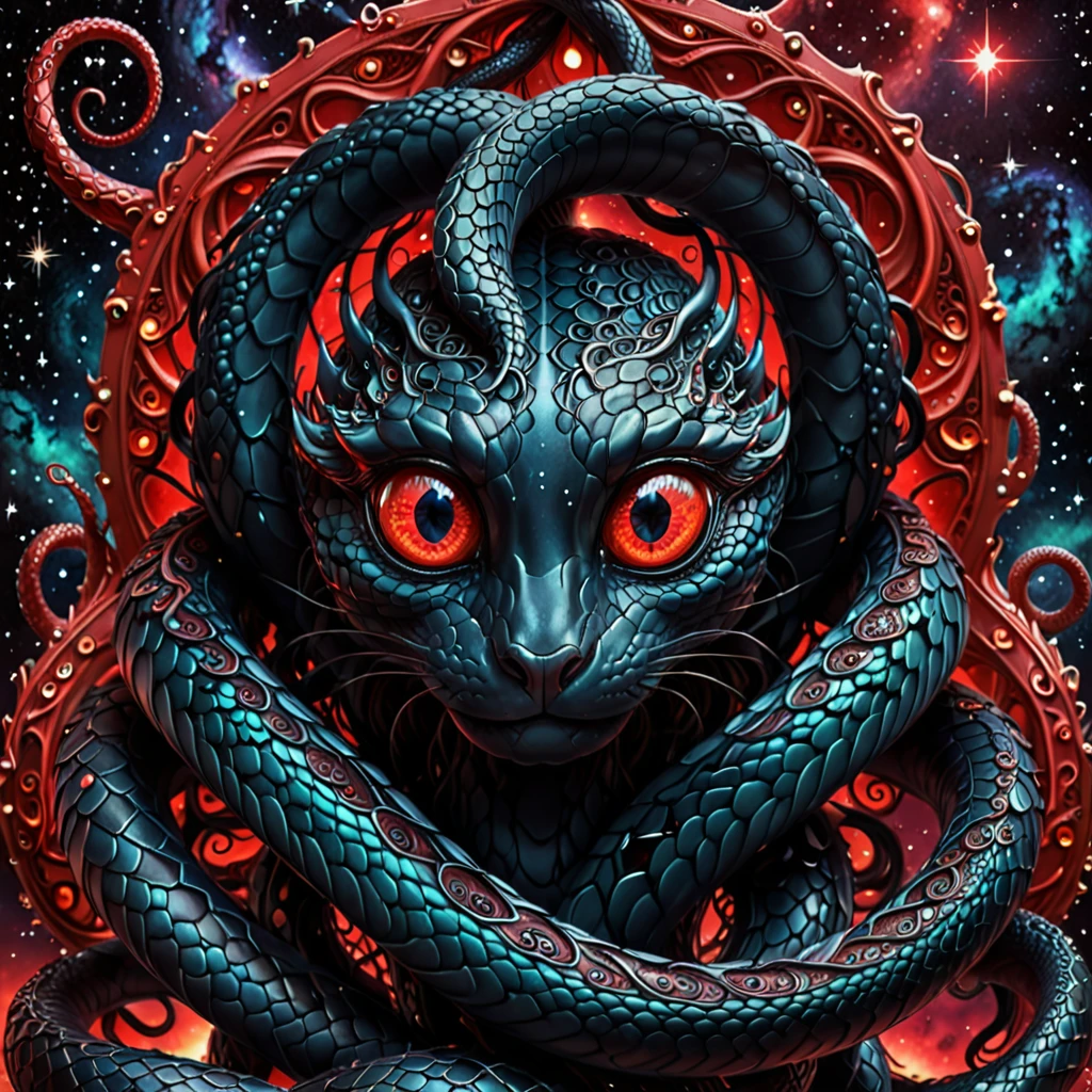 A high-resolution image red and black color. (1eyes:1.8) of snake intense and piercing, set against a backdrop of tentacles. The tentacles form intricate, complex patterns representing wisdom and the universe. Interspersed among the tentacles are black gems, their facets catching light and adding depth. The background is a cosmic scene with stars and nebulas, enhancing the theme of the universe. The lighting is soft, highlighting the red eyes and the gleaming black gems, creating a mystical and profound atmosphere.
