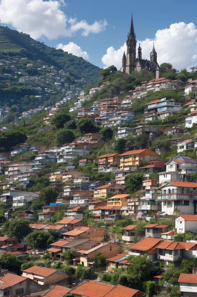 ((best quality)), ((masterpiece)), (several favela houses on a hill but with a Gothic architectural style with various ornaments