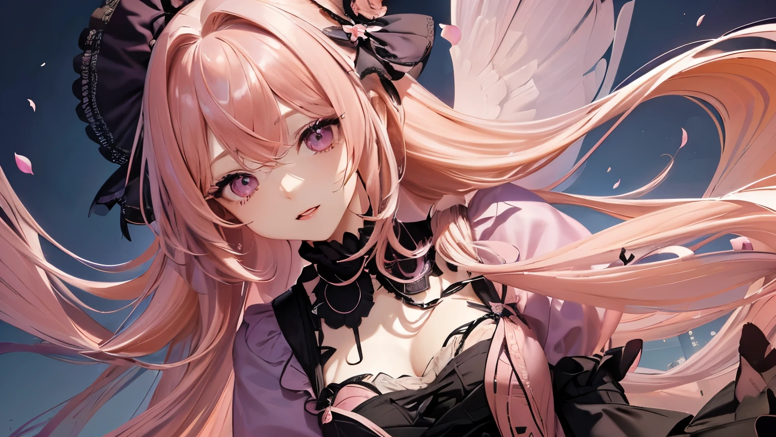 4K quality:1.2,1girl,sense of deps,disorganized,catch light,super beautiful illustrations,falling petals,(((pink hair,long hairstyles:1.3))),eye shadow,((black clothes,gothic lolita)),Upper body,;D,beautiful and delicate flowing hair,((Delicate and detailed beautiful purple eyes)),angel wings,emphasized chest,skyline