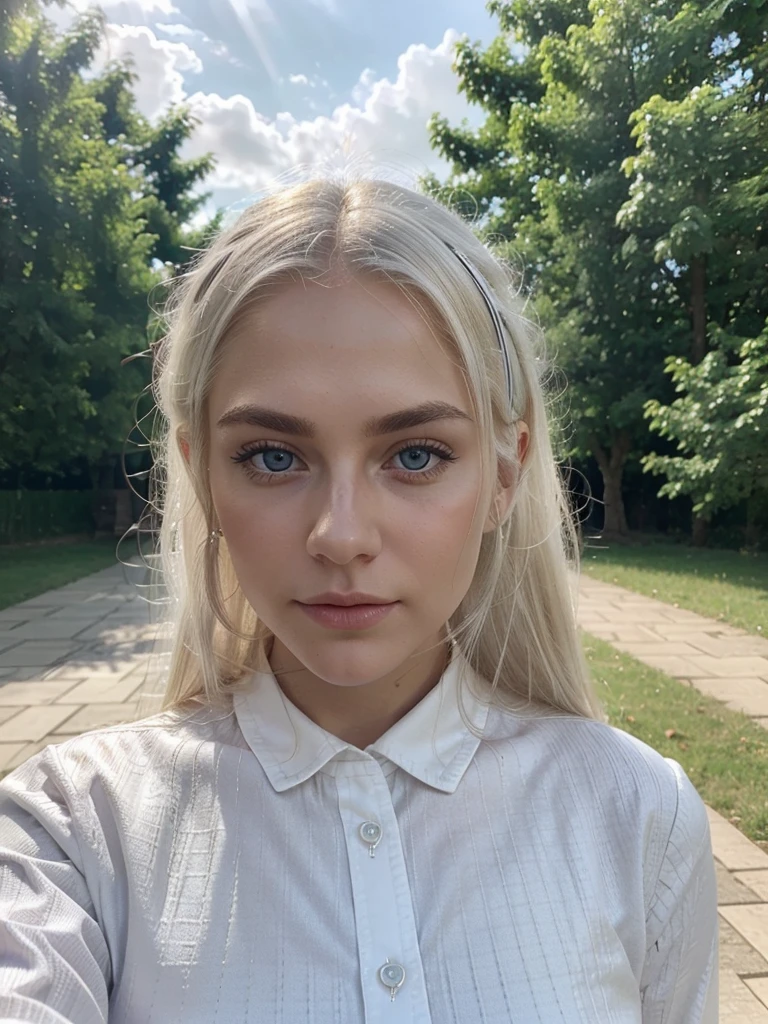 white northerner with platinum blonde hair, platinum subtle natural eyebrows and blue eyes. Fully dressed. No make up, selfie in the outdoor сзади советских домов. super realistic and detailed 
