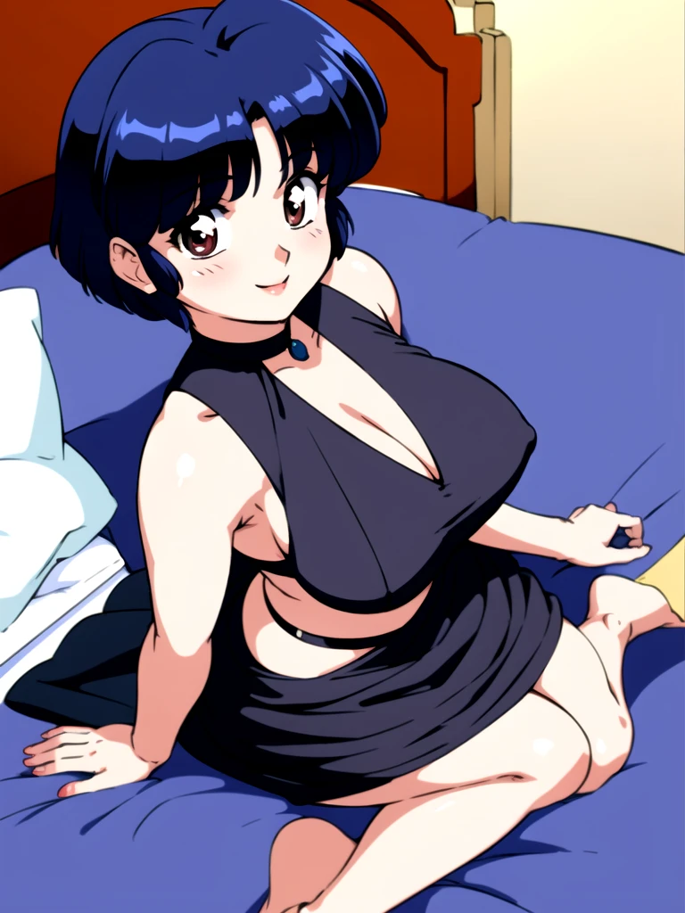 HDR, CG, sharp focus, (8k), (4k), masterpiece, best quality, detailed skin, extremely detailed, hiper detailed, sharp focus, looking at viewer, high quality, AKANE, Akane tendou, short hair, blue hair, brown eyes ,curtain pelvic DRESS, tetas grandes, blush, solo, 1girl, sit on BED, BEDROOM background, hands on chest, heels, black dress, smile,  