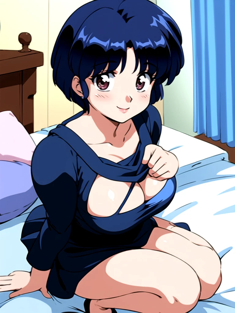 HDR, CG, sharp focus, (8k), (4k), masterpiece, best quality, detailed skin, extremely detailed, hiper detailed, sharp focus, looking at viewer, high quality, AKANE, Akane tendou, short hair, blue hair, brown eyes ,curtain pelvic DRESS, tetas grandes, blush, solo, 1girl, sit on BED, BEDROOM background, hands on chest, heels, black dress, smile,  