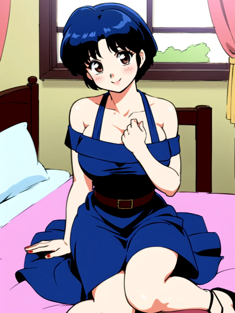 HDR, CG, sharp focus, (8k), (4k), masterpiece, best quality, detailed skin, extremely detailed, hiper detailed, sharp focus, looking at viewer, high quality, AKANE, Akane tendou, short hair, blue hair, brown eyes ,curtain pelvic DRESS, tetas grandes, blush, solo, 1girl, sit on BED, BEDROOM background, hands on chest, heels, black dress, smile,  