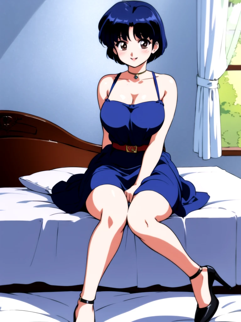 HDR, CG, sharp focus, (8k), (4k), masterpiece, best quality, detailed skin, extremely detailed, hiper detailed, sharp focus, looking at viewer, high quality, AKANE, Akane tendou, short hair, blue hair, brown eyes ,curtain pelvic DRESS, tetas grandes, blush, solo, 1girl, sit on BED, BEDROOM background, hands on chest, heels, black dress, smile,  