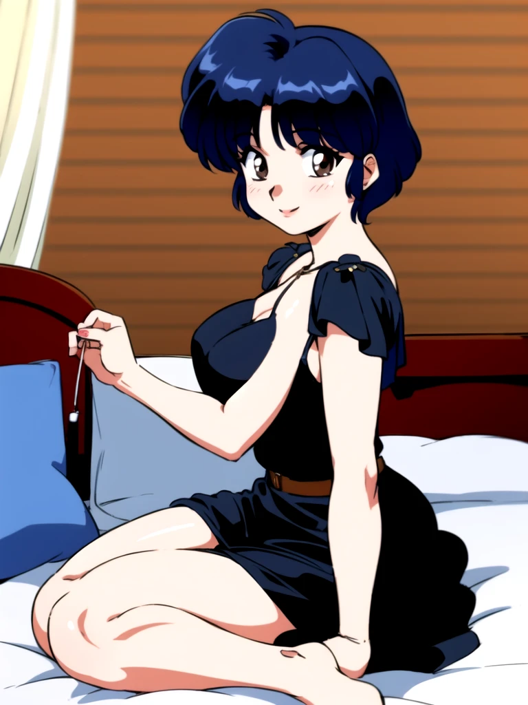 HDR, CG, sharp focus, (8k), (4k), masterpiece, best quality, detailed skin, extremely detailed, hiper detailed, sharp focus, looking at viewer, high quality, AKANE, Akane tendou, short hair, blue hair, brown eyes ,curtain pelvic DRESS, tetas grandes, blush, solo, 1girl, sit on BED, BEDROOM background, hands on chest, heels, black dress, smile,