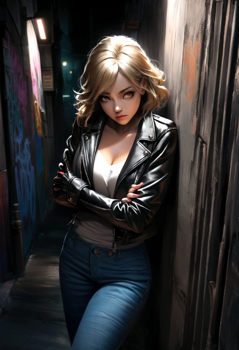 (black with blonde highlights hair, hispanic woman, anti-hero, steals anything, controls blood, leather jacket and blue jeans, medium:1.1), leather gloves, confident posture, mysterious expression, intense eyes, dynamic action, urban night scene, graffiti-filled alley, street lights, neon signs, dramatic lighting, dark and gritty atmosphere, chiaroscuro lighting, high contrast, intense color palette, cinematic composition, photorealistic style, detailed textures. Leaning on wall crossing her arms, looking up